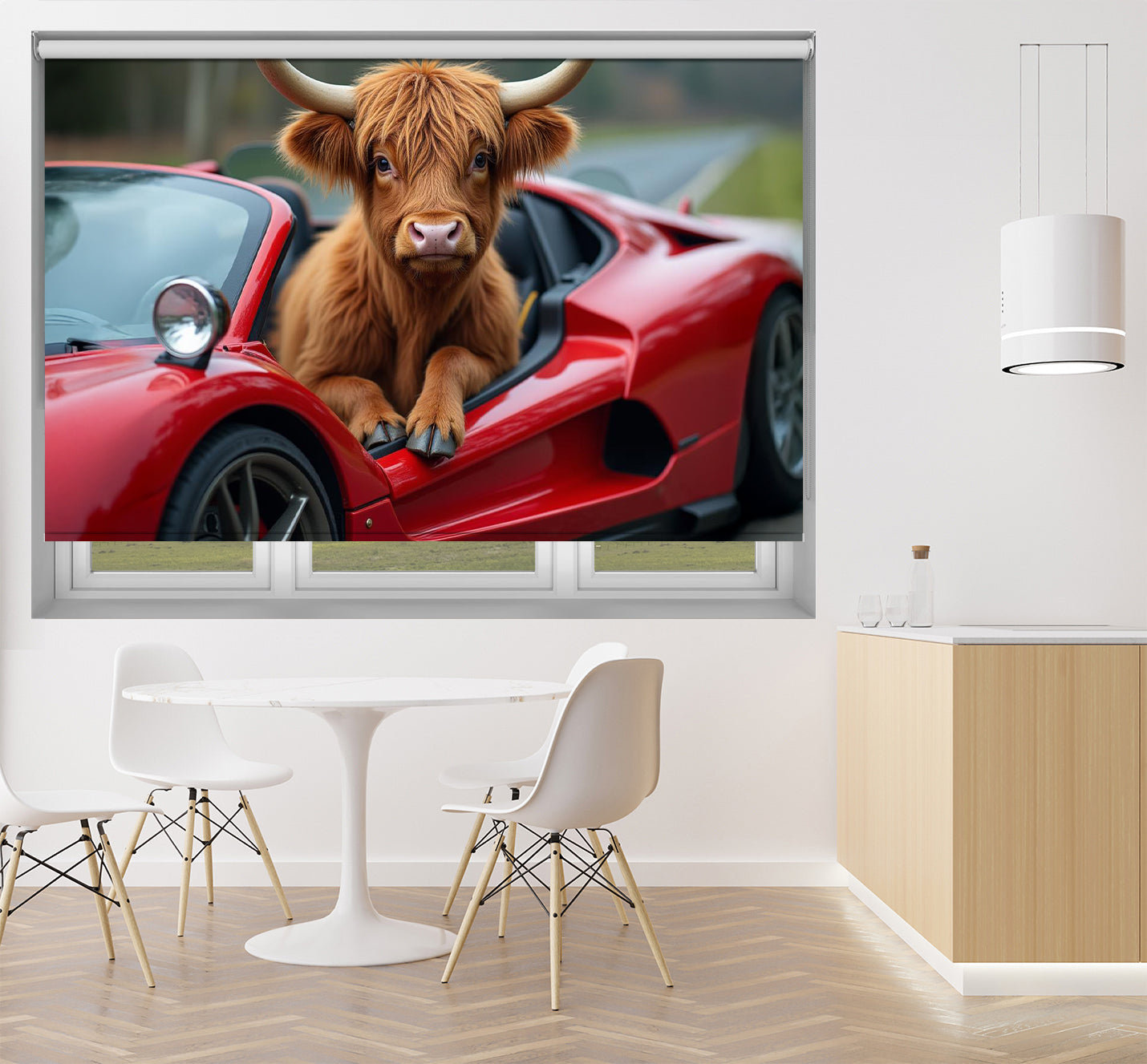 Highland Cow Sports Car Printed Picture Photo Roller Blind - RB1406