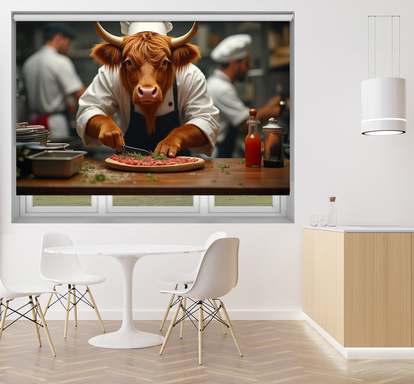 Highland Cow in the Kitchen Printed Picture Photo Roller Blind - RB1405