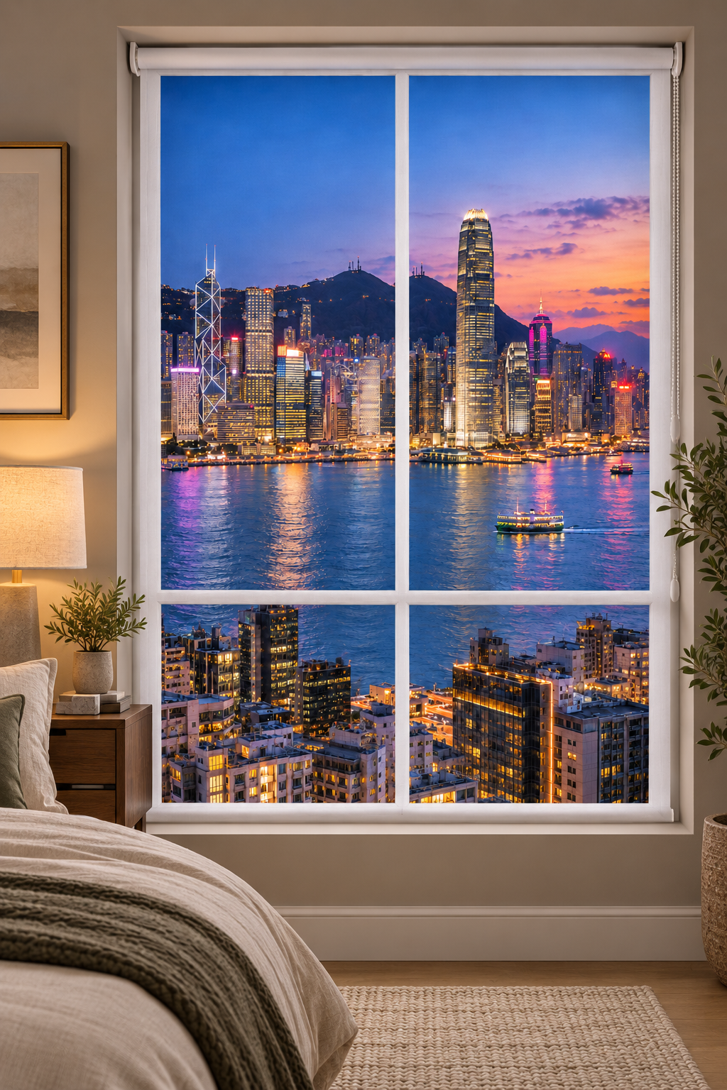 A large wall decal or window-style print showing a city skyline at dusk with illuminated skyscrapers and water reflections, displayed on a bedroom wall above a bed.