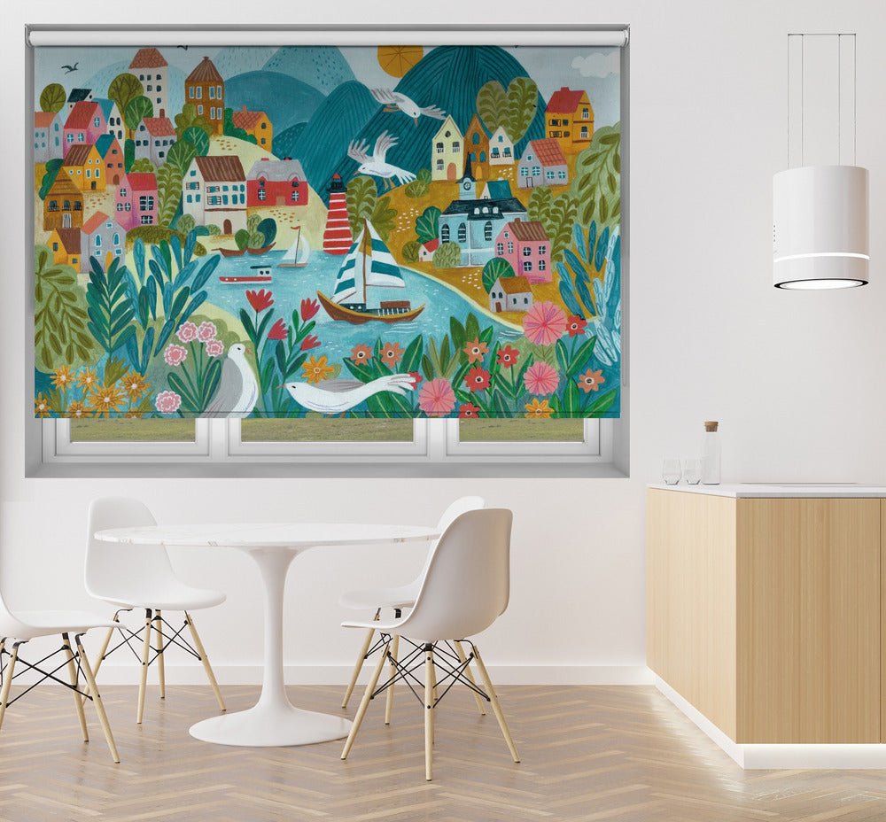 Coastal Village Illustration Printed Picture Photo Roller Blind - 1X2797904 - Art Fever - Art Fever