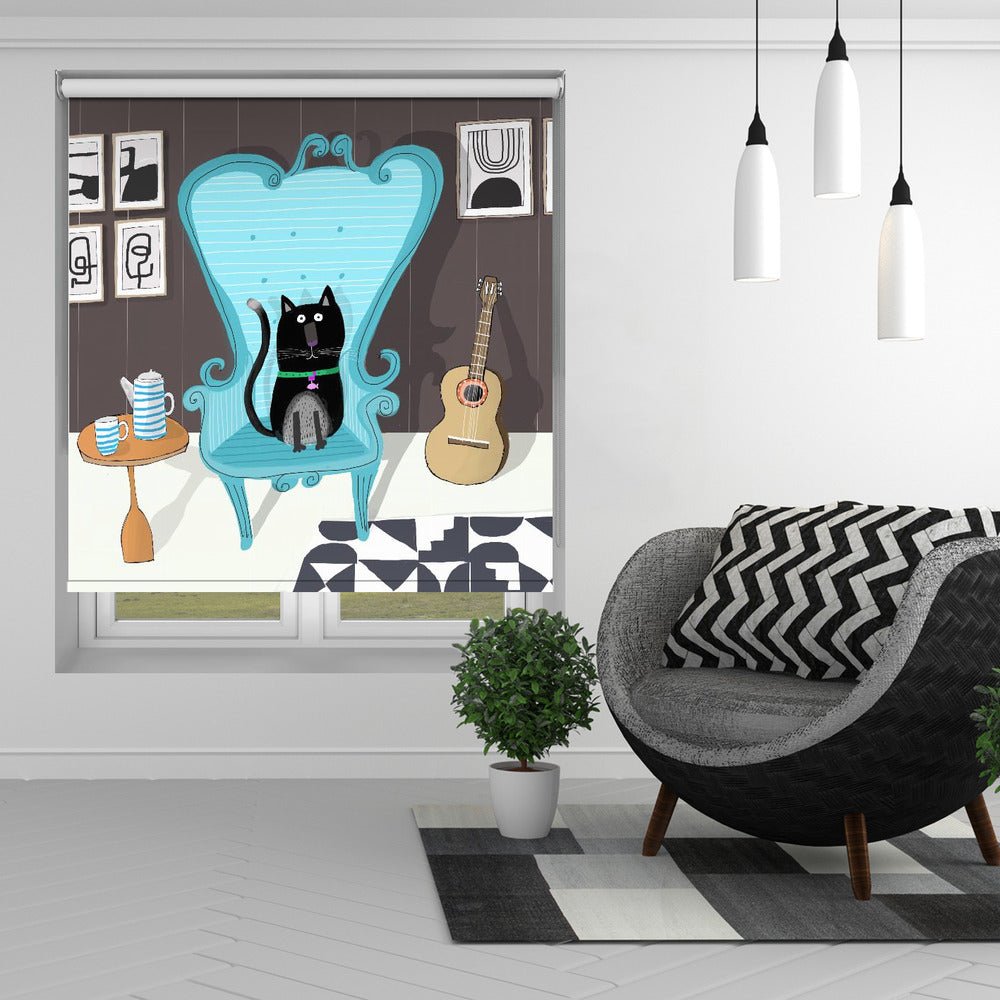 Cute Black Cat sitting on Blue Armchair by Carla Daly Printed Picture Photo Roller Blind - 1X2889224 - Art Fever - Art Fever