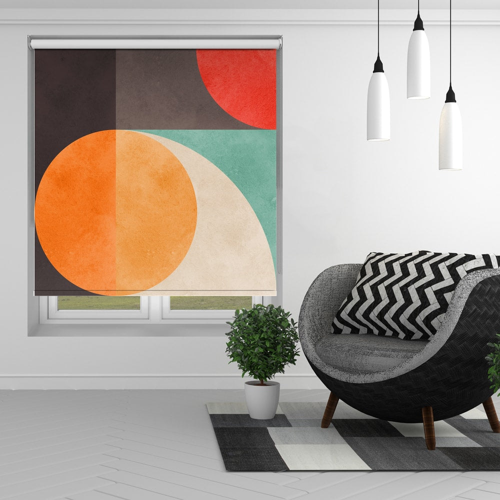 Vibrant geometric balance printed roller blind featuring colourful modern shapes on a window by Art Fever