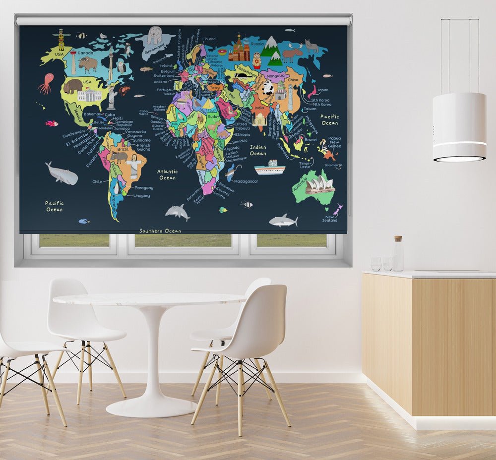 Educational Illustrated Map of the World for Kids Printed Picture Photo Roller Blind - 1X2890446 - Art Fever - Art Fever