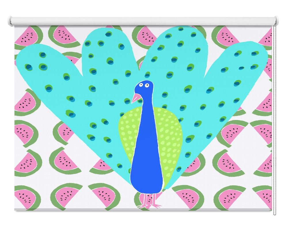 Electric Peacock with Watermelon Pattern by Carla Daly Printed Picture Photo Roller Blind - 1X2898631 - Art Fever - Art Fever