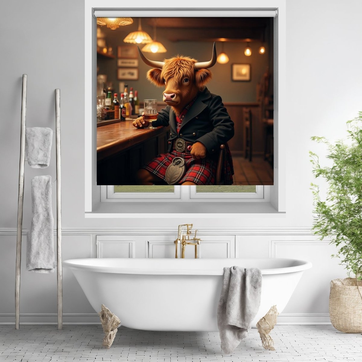 Highland Cow in Kilt at the Bar Printed Picture Photo Roller Blind - RB1399 - Art Fever - Art Fever