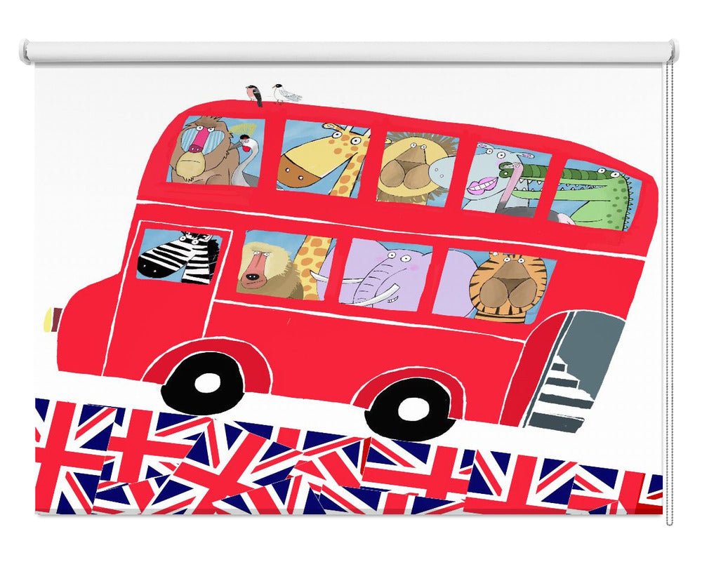 London Bus Full of Jungle Animals with UK Flag Design Printed Picture Photo Roller Blind - 1X2911854 - Art Fever - Art Fever