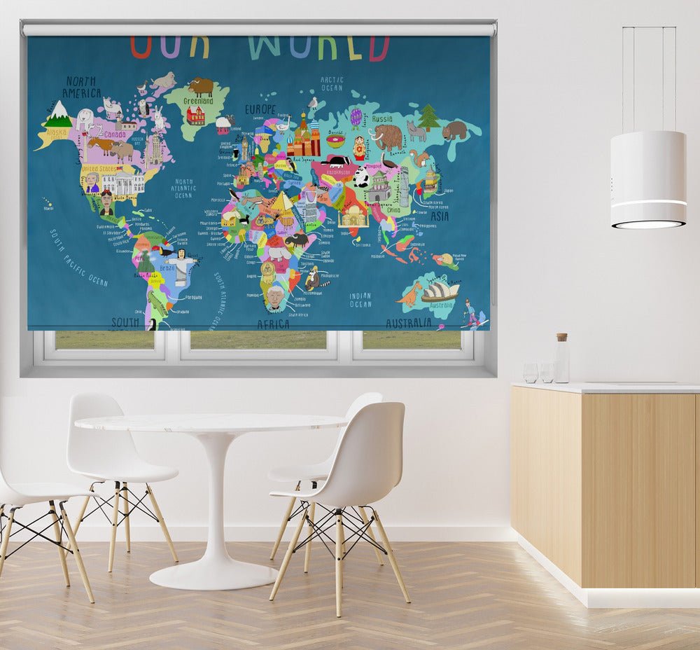 Our World Illustrated World Map for Kids Printed Picture Photo Roller Blind - 1X2890513 - Art Fever - Art Fever