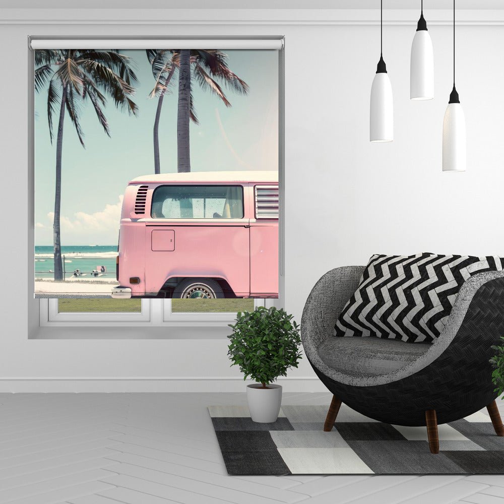 Pink Bus By the Beach Printed Picture Photo Roller Blind - 1X2823885 - Art Fever - Art Fever