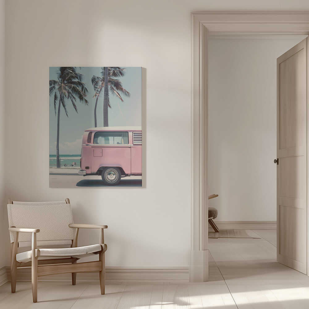 Pink Campervan By the Beach Canvas Print Wall Art 1X2823885 - ART FEVER - Art Fever
