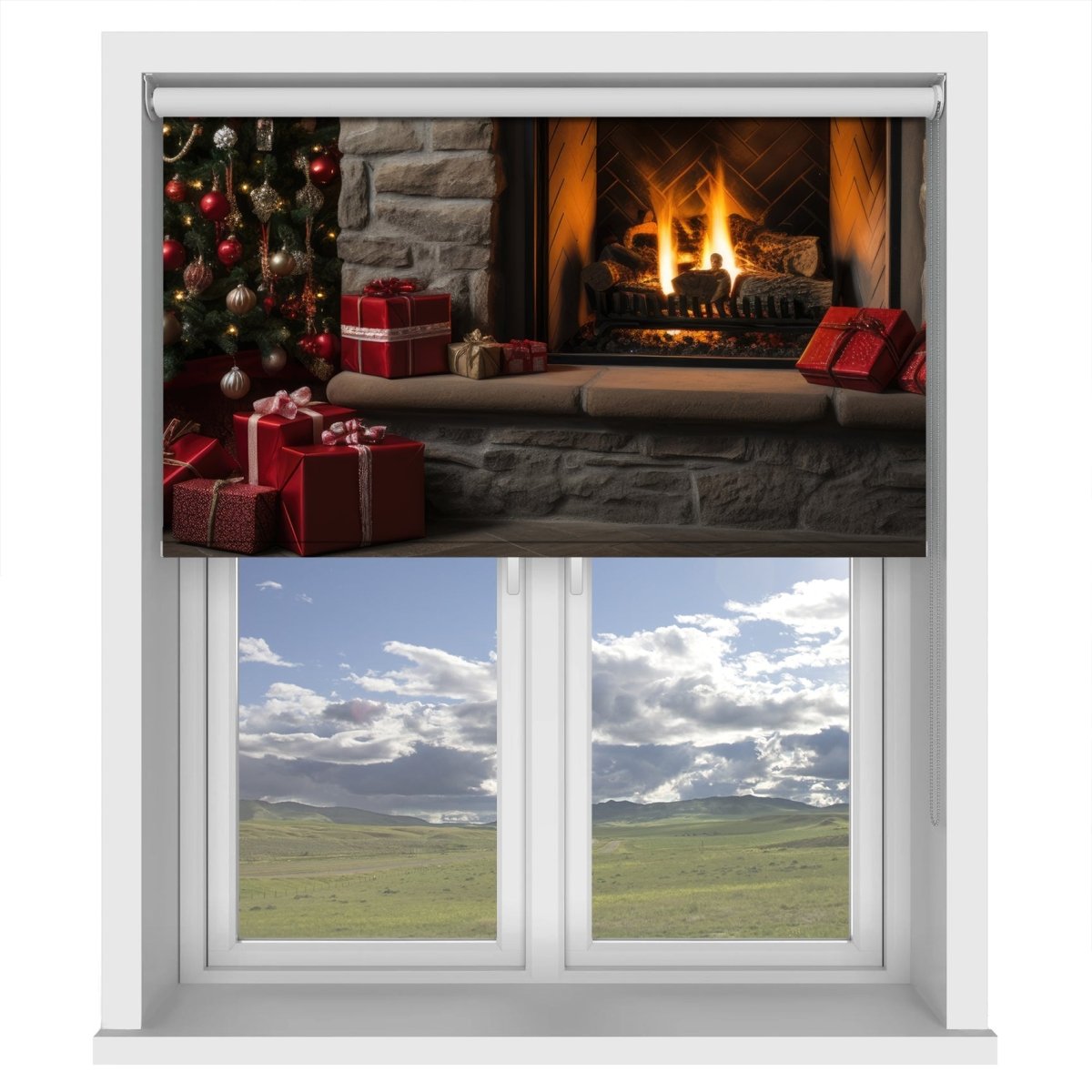 Christmas Decorations over Log Fire Painting Style Printed Picture Photo Roller Blind - RB1315 - Art Fever - Art Fever