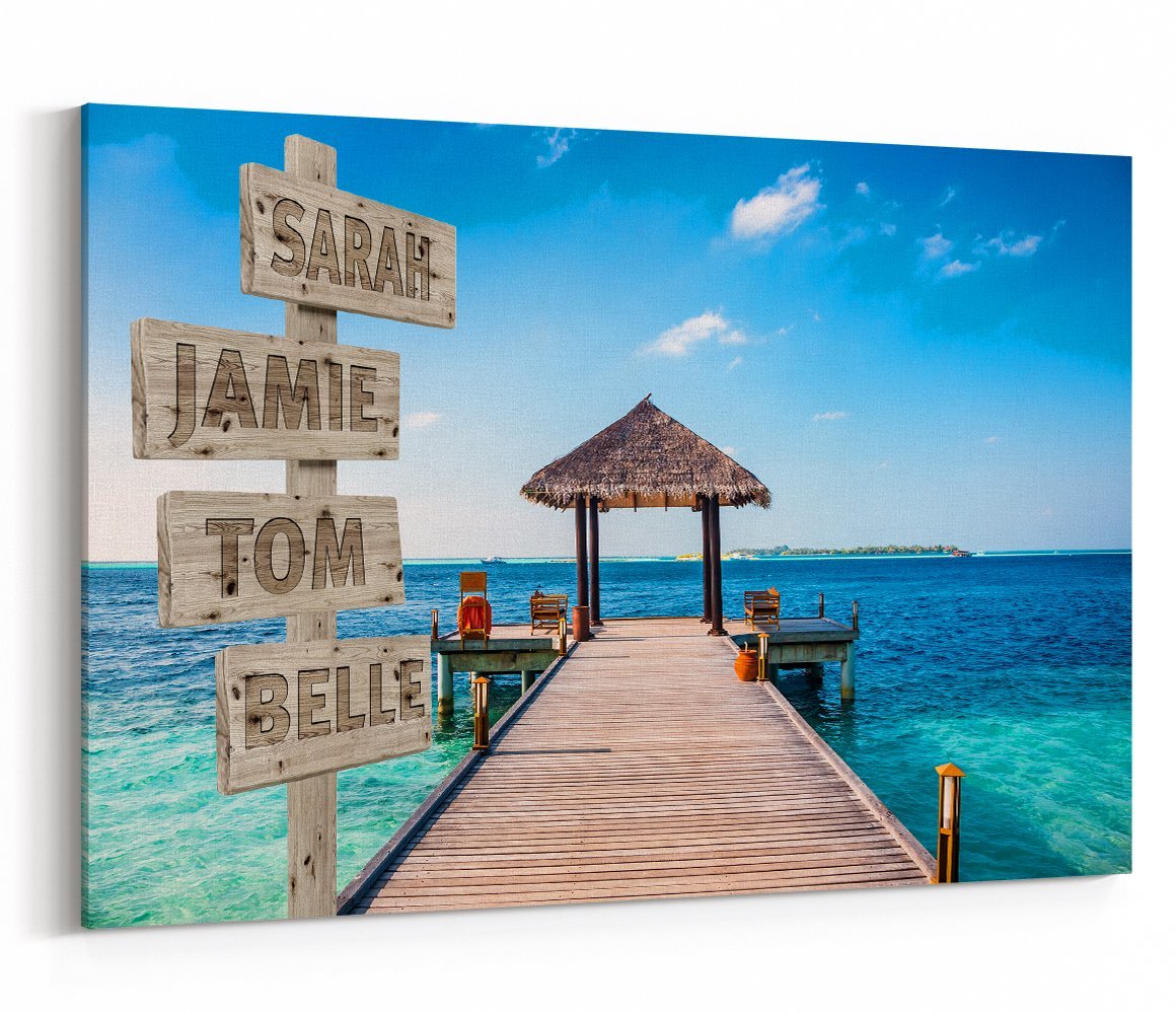 Custom Names Personalised Sign Pier into the Maldives Sea Scene Canvas Print  Custom Canvas Print Art Fever