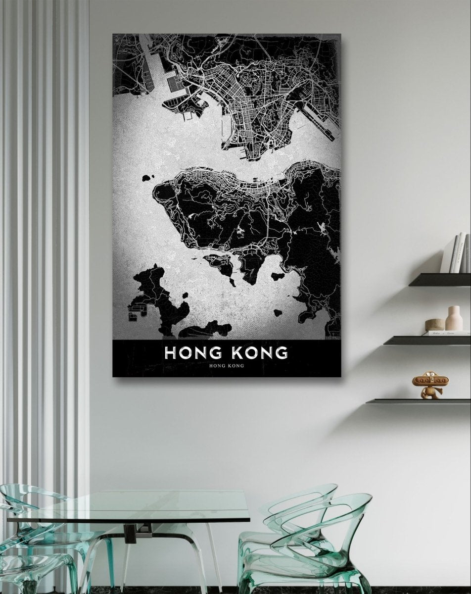 Illustrated Map of Hong Kong Monochrome Canvas Print Picture