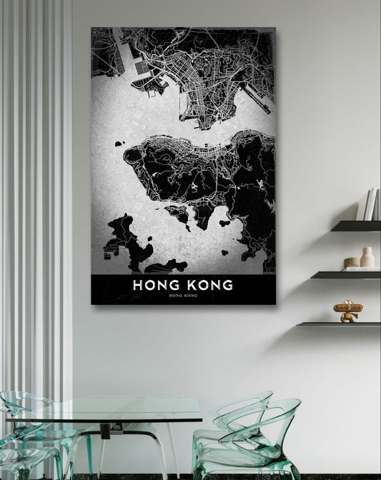 Illustrated Map of Hong Kong Monochrome Canvas Print Wall Art Picture - 1X2388924 - Art Fever - Art Fever