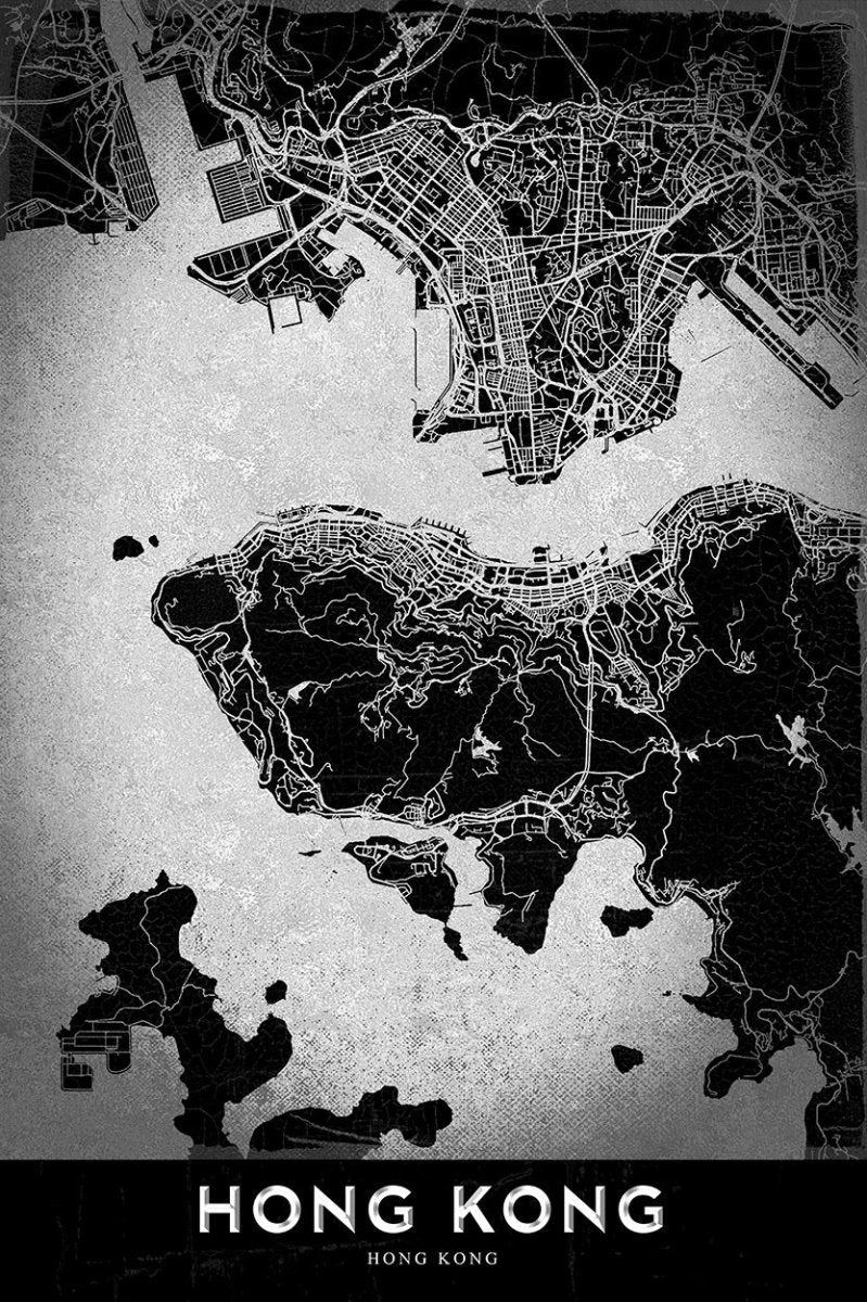 Illustrated Map of Hong Kong Monochrome Canvas Print Wall Art Picture - 1X2388924 - Art Fever - Art Fever