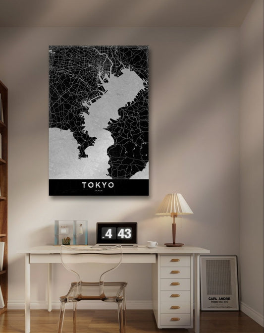 Illustrated Map of Tokyo Monochrome Canvas Print Wall Art Picture - 1X2375807 - Art Fever - Art Fever