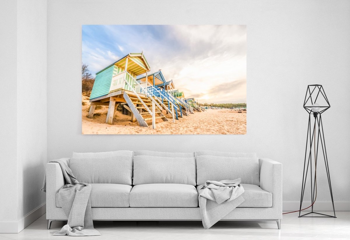 Long Line Of Colorful Beach Huts At Sunset Printed Canvas Print Picture - SPC220 - Art Fever - Art Fever