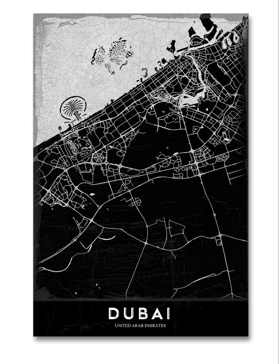 Map of Dubai Monochrome Canvas Print Wall Art Picture - 1X2375949 - Art Fever - Art Fever