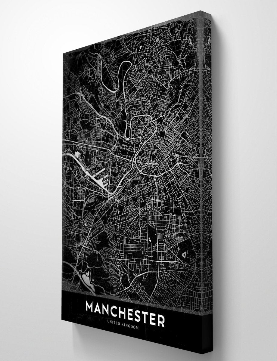 Map of Manchester Monochrome Canvas Print Wall Art Picture - 1X2401714 - Art Fever - Art Fever