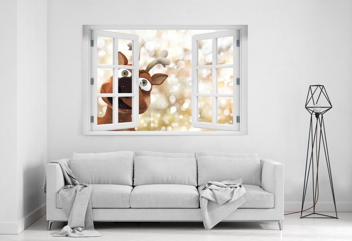 Reindeer Peeking through the Window Christmas Scene Printed Canvas Print Picture - SPC192 - Art Fever - Art Fever