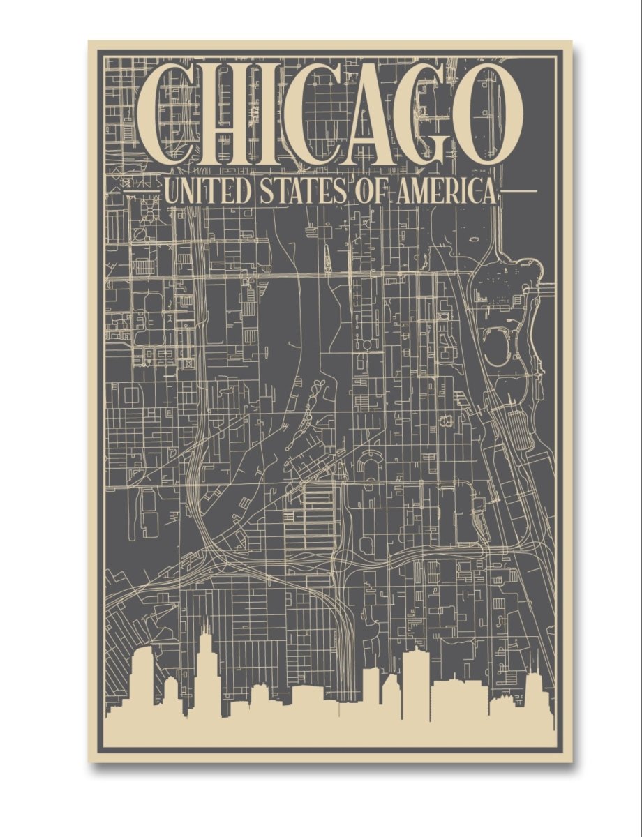 Retro Map of Chicago USA Aerial View Canvas Print Picture Wall Art - SPC282 - Art Fever - Art Fever