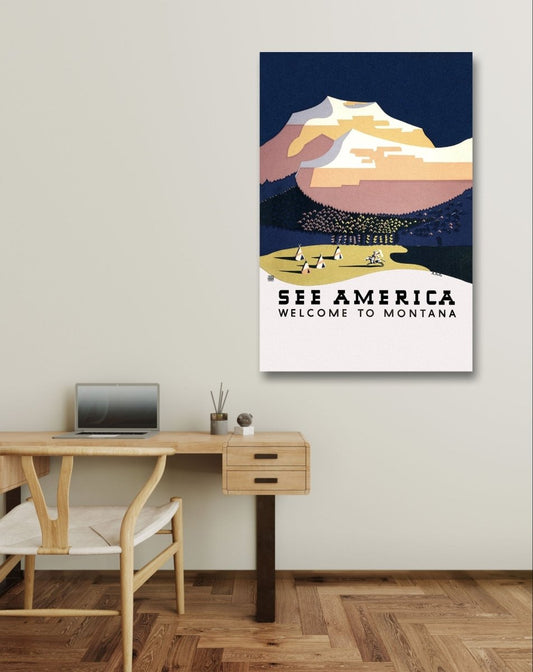 See America 🇺🇸 Welcome To Montana (1936) Vintage Travel Poster Canvas Print Picture Wall Art - 1X2565624 - Art Fever - Art Fever