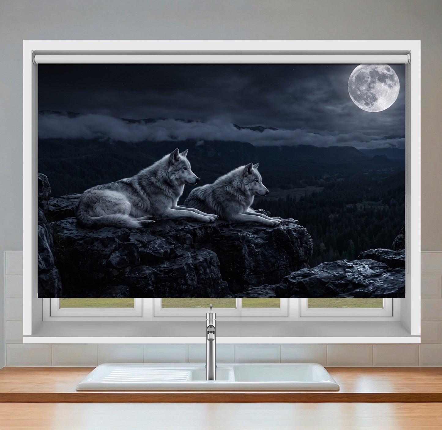 Two Wolves under the Full Moon Printed Picture Photo Roller Blind - RB679