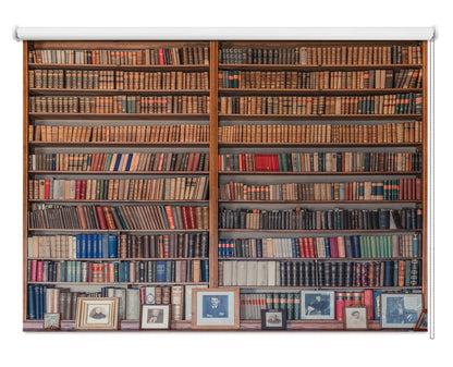 Printed roller blind featuring a realistic classic wooden bookcase filled with vintage books and framed photographs on the bottom shelf