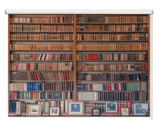 Printed roller blind featuring a realistic classic wooden bookcase filled with vintage books and framed photographs on the bottom shelf