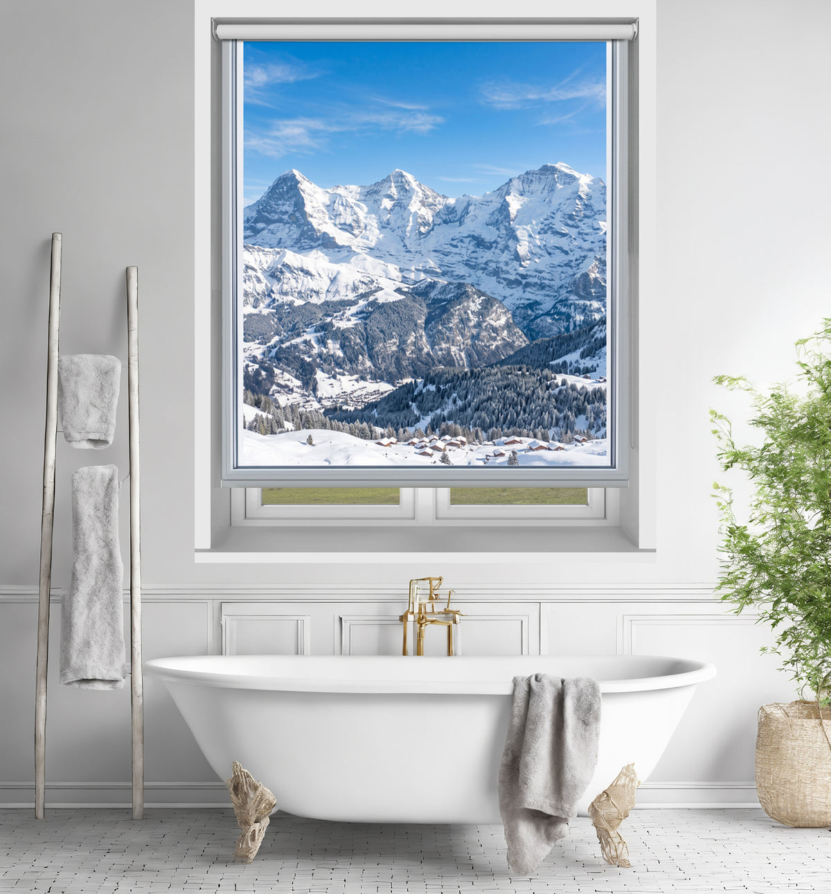 Art Fever faux window roller blind featuring a snowy mountain landscape, installed over a modern kitchen sink.