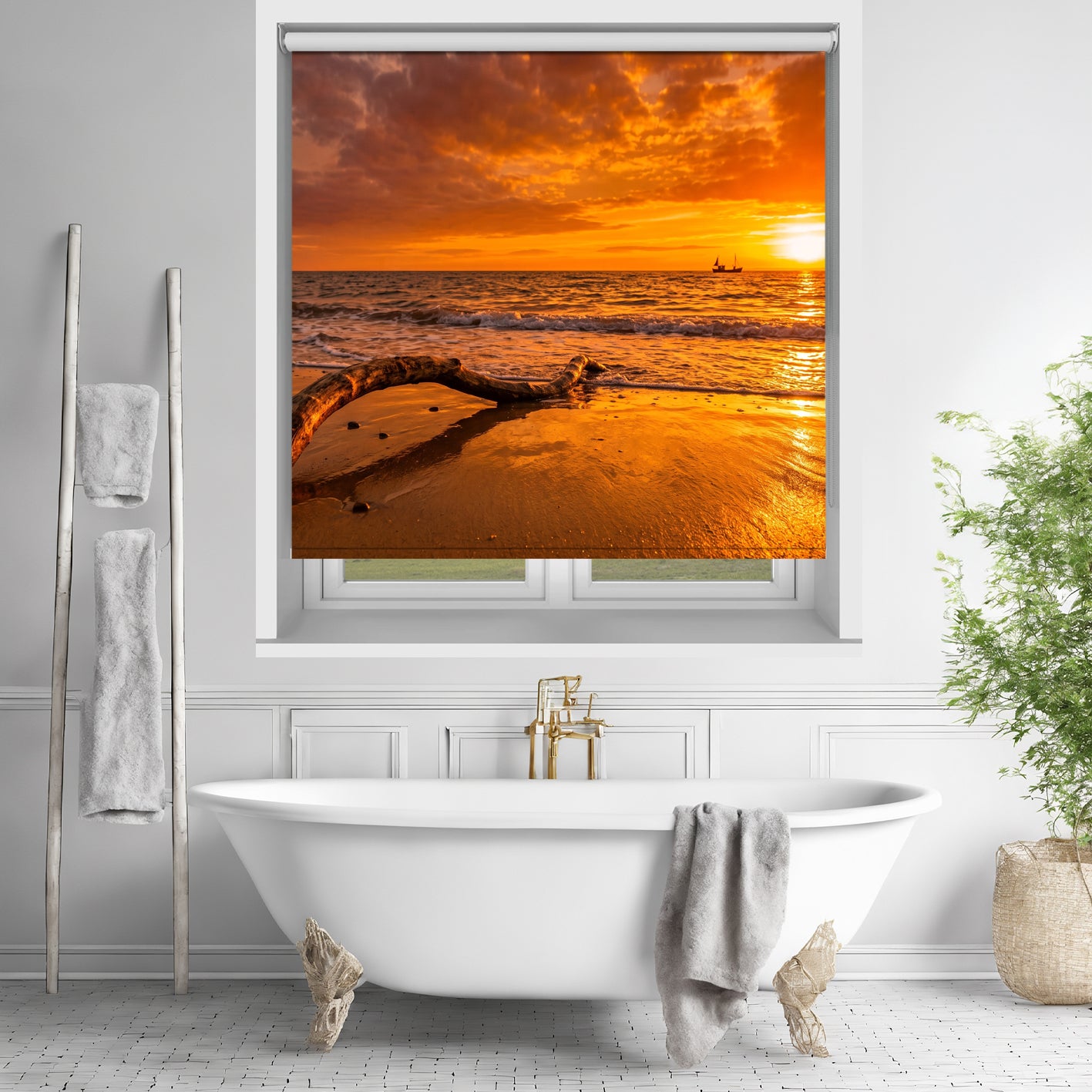 Driftwood on the Golden Beach at Sunset Printed Roller Blind - RB1112