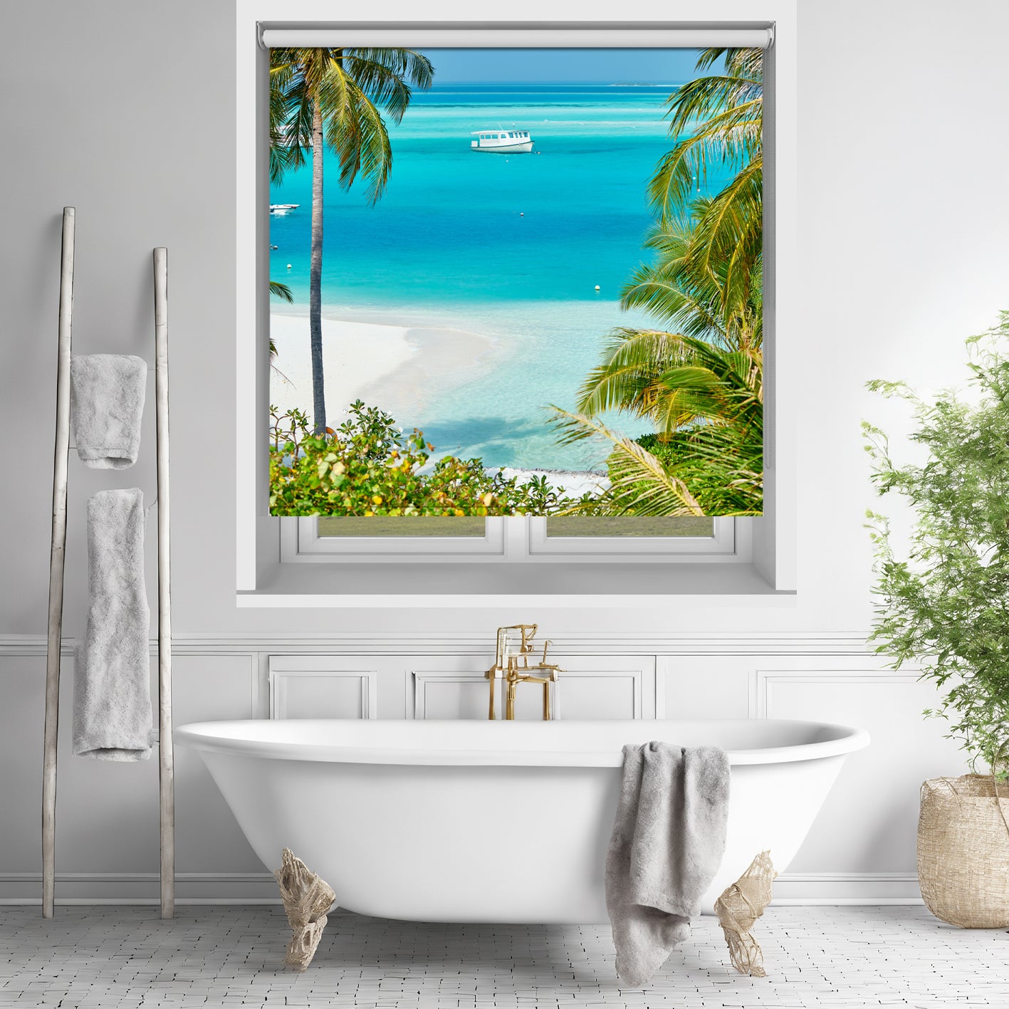 Boats on the Tropical Palm Beach Printed Picture Photo Roller Blind - RB568