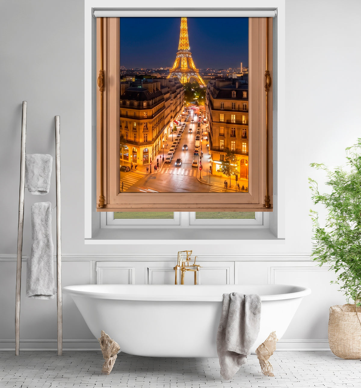 Art Fever scenic Eiffel Tower night view roller blind styled behind a freestanding white bathtub in a bright, modern bathroom.