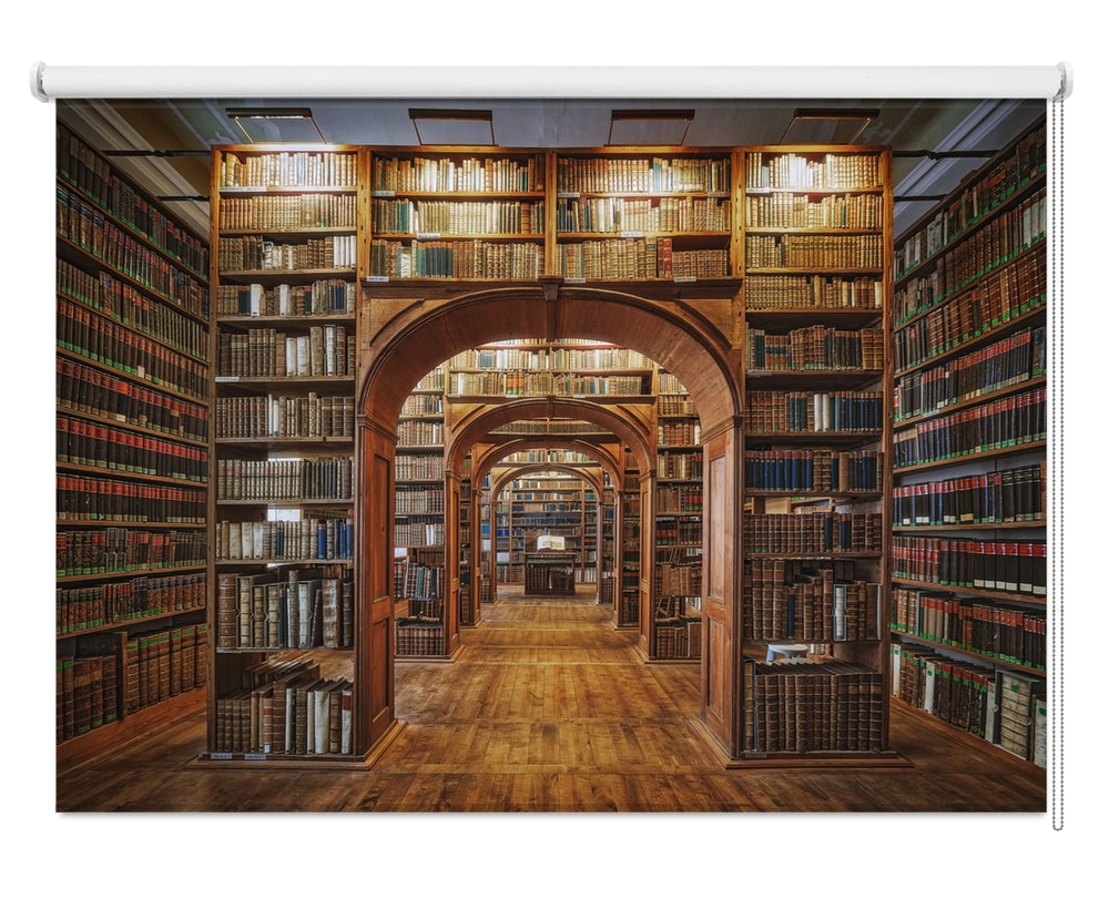 Printed roller blind featuring a classic vintage library interior with wooden arched bookshelves and a deep perspective corridor