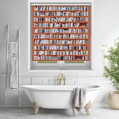 Printed roller blind featuring a vibrant orange bookshelf filled with colourful books hanging over a freestanding bathtub in a bright bathroom