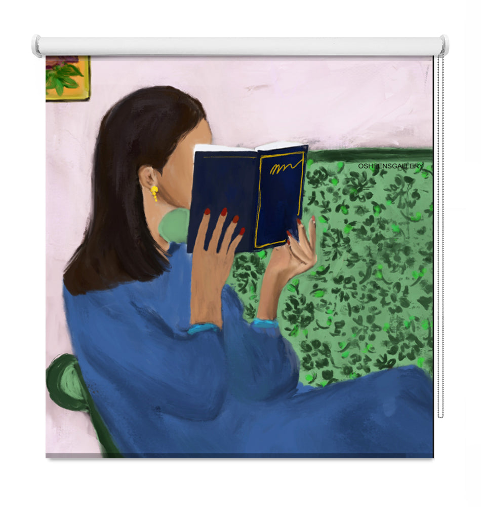 Printed roller blind featuring a painted portrait of a woman with dark hair in a blue dress reading a blue book against a pink wall and green patterned background