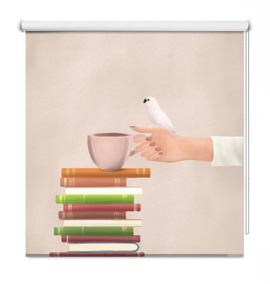 Printed roller blind featuring a graphic illustration of a stack of colourful books topped with a coffee cup and a small white bird perched on a hand