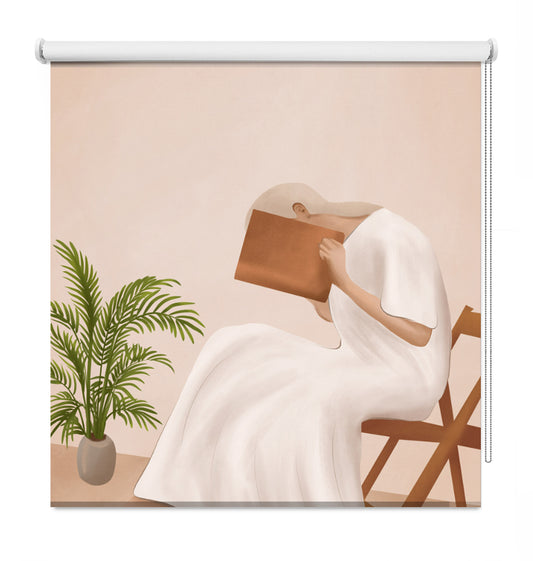 A decorative roller blind featuring a minimalist illustration of a woman in a white dress sitting on a wooden chair and holding a brown book, next to a green potted plant, set against a warm beige background.