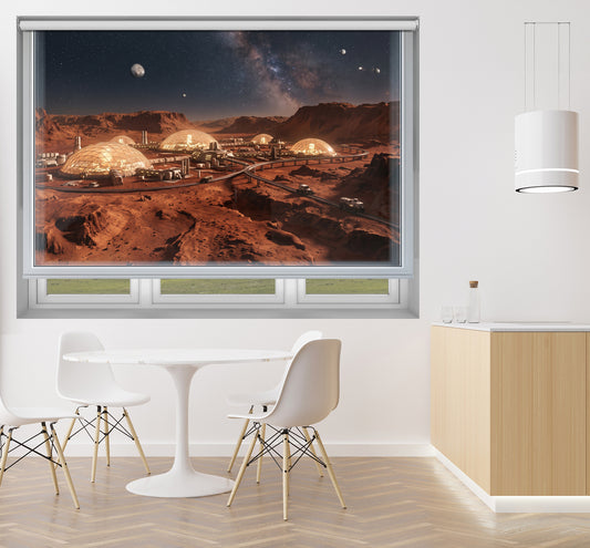 Close-up of an Art Fever faux window roller blind featuring a highly realistic sci-fi landscape of a glowing Mars space colony under a starry night sky.