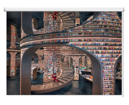 Printed roller blind featuring a dramatic futuristic library interior with multi-level curved bookshelves and a central spiral staircase