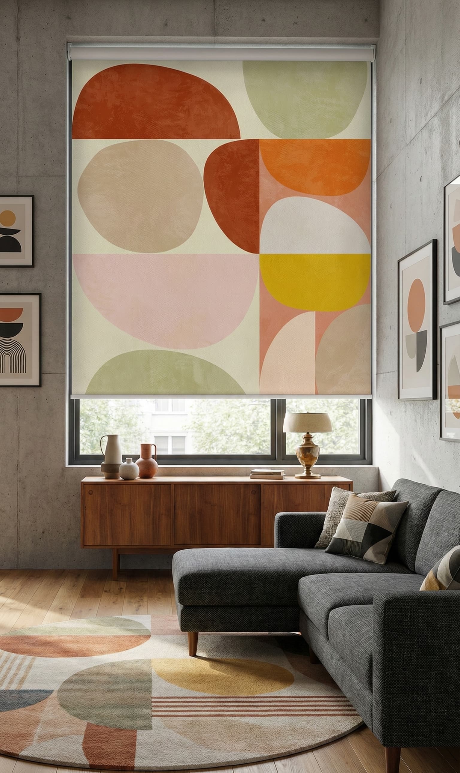 A modern living room with a gray sectional sofa, a wooden sideboard, and a large abstract roller blind on the window featuring orange, beige, pink, yellow, and green geometric shapes.