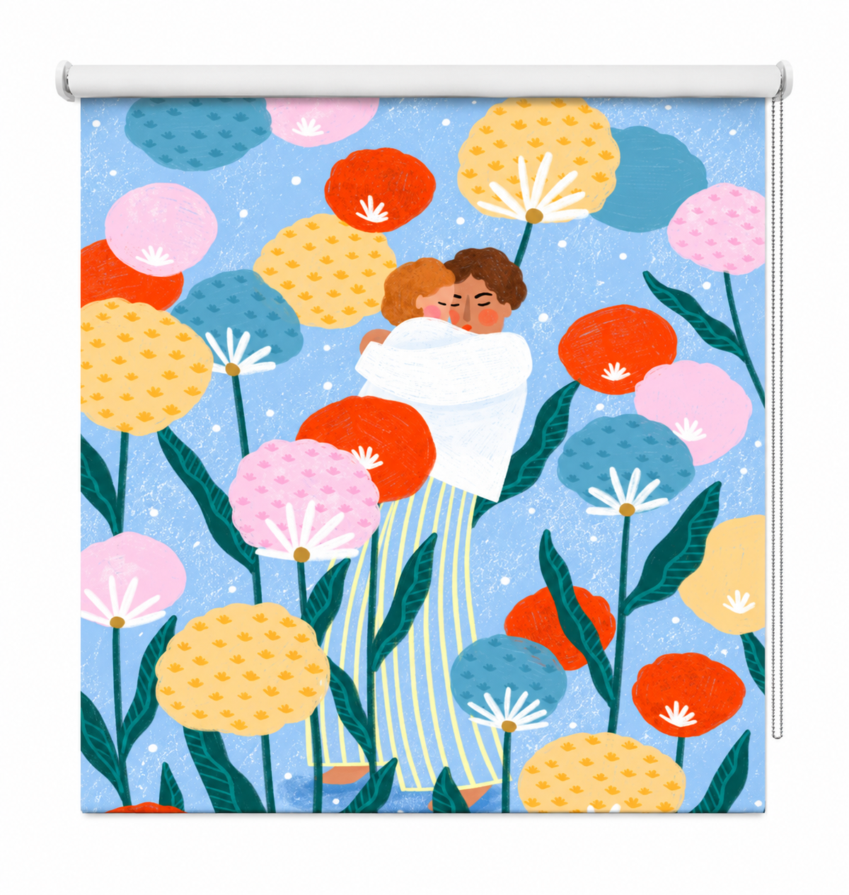 A window roller shade featuring a colorful, whimsical illustration of a couple hugging amidst stylized flowers on a light blue background. The roller bar and cord are visible on the right side against a clean white background.
