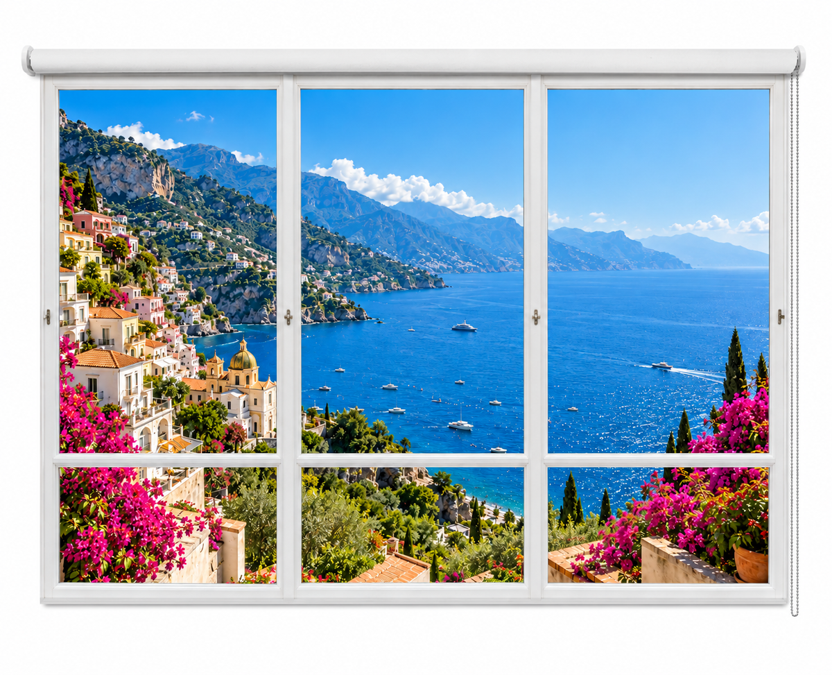 Printed roller blind featuring a faux white window pane design looking out onto a vibrant Mediterranean coastal town with colourful cliffside houses, boats on the blue sea, and bright pink bougainvillea flowers