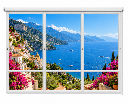 Printed roller blind featuring a faux white window pane design looking out onto a vibrant Mediterranean coastal town with colourful cliffside houses, boats on the blue sea, and bright pink bougainvillea flowers