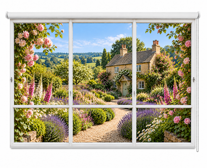 A white roller blind or window shade with six panels, shown partially rolled down to reveal a printed scenic garden view of a stone cottage, flowers, and rolling hills.