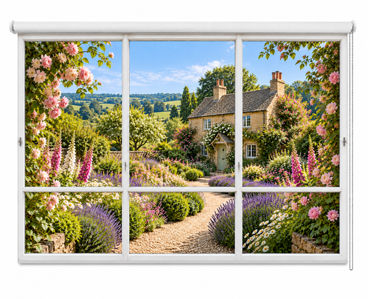 A white roller blind or window shade with six panels, shown partially rolled down to reveal a printed scenic garden view of a stone cottage, flowers, and rolling hills.