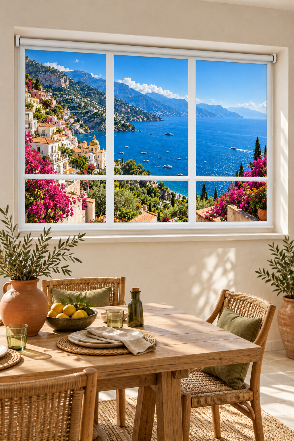 A large wall window or mural showing a Mediterranean coastal town with blue sea, mountains, and pink flowers, installed above a wooden dining table with chairs and plants in a bright room.