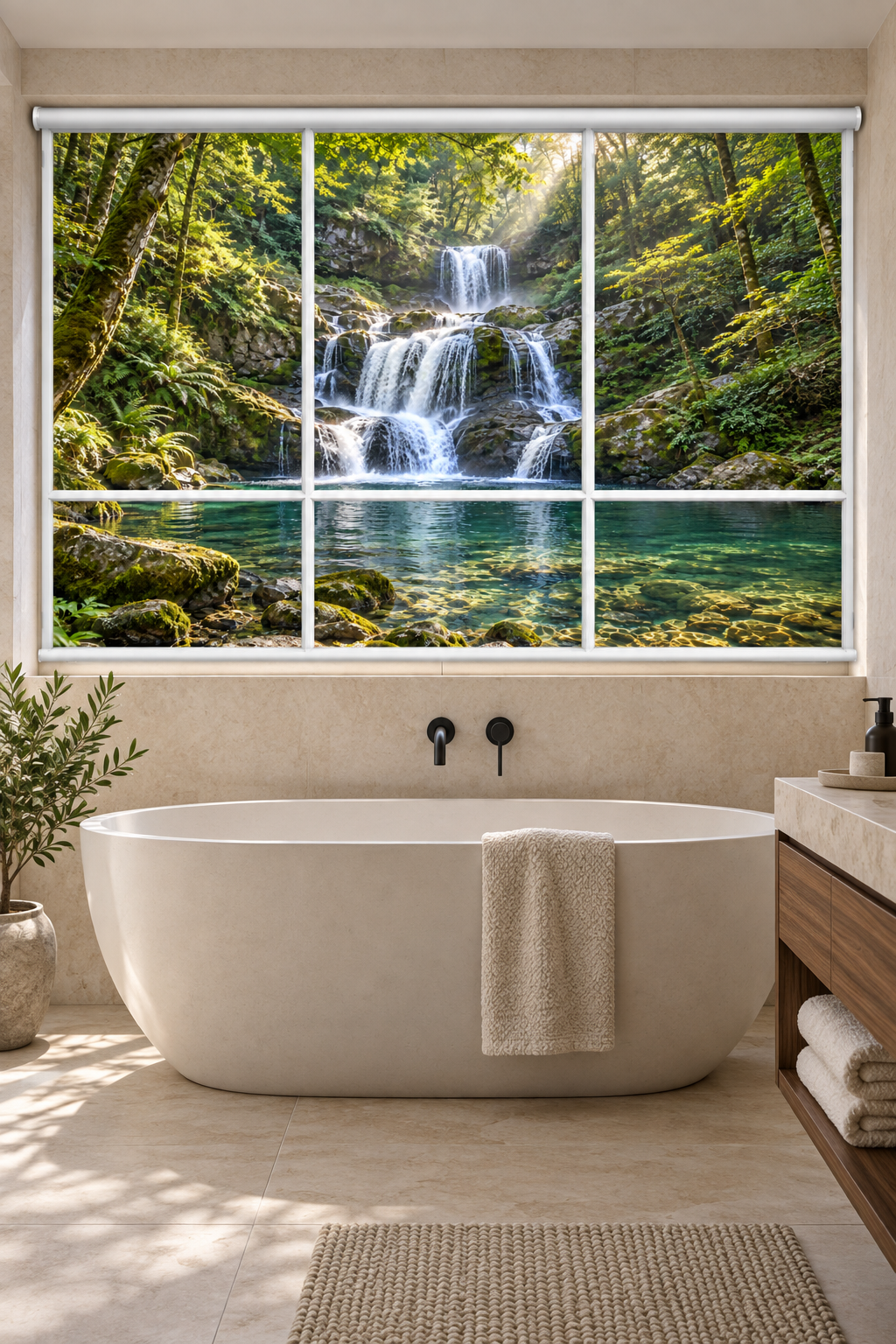 A modern freestanding bathtub in a beige bathroom, with a large window or wall panel showing a lush green forest waterfall scene. A towel rests on the tub, with a woven rug on the floor and a wooden vanity on the right.