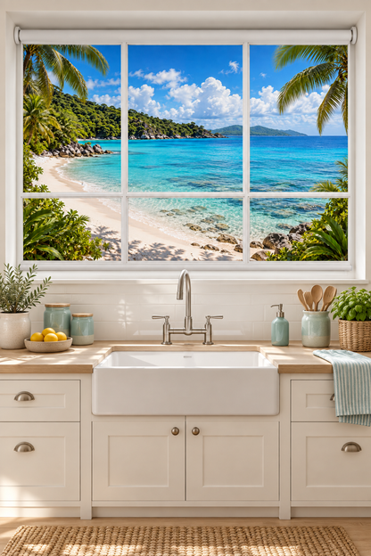 Tropical Island Faux Window View Printed Picture Photo Roller Blind - RB1483