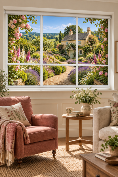 A large six-pane window or mural depicting a picturesque cottage garden scene with pink roses, lavender, and a stone path, installed in a bright living room with a pink armchair, side table, and neutral sofa.
