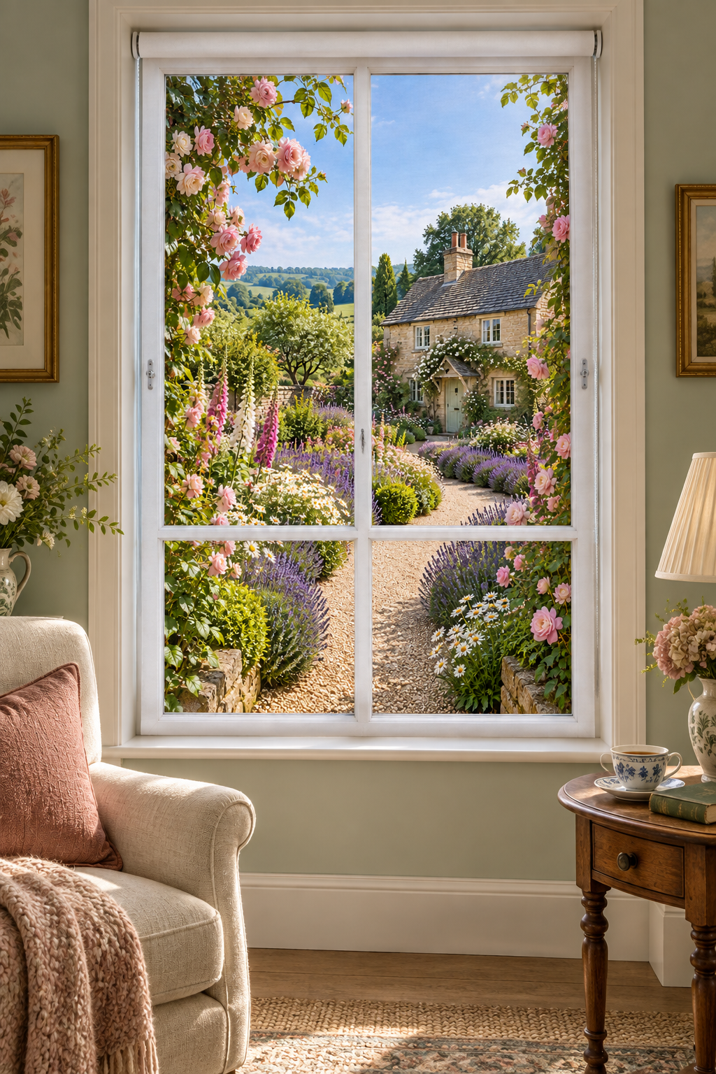 A large white-framed window set in a styled room, showing a vibrant garden scene with pink roses, lavender, and a stone cottage. The room features a cream armchair, a wooden side table with a lamp, and framed wall art.